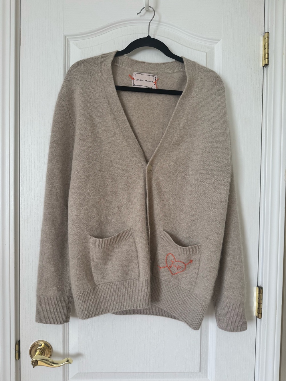Lingua Franca 100% Cashmere Cardigan M Hand Embroidered Heart Beige